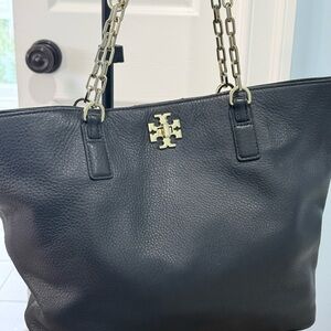 Tory Burch Black Leather Tote with Gold Accents